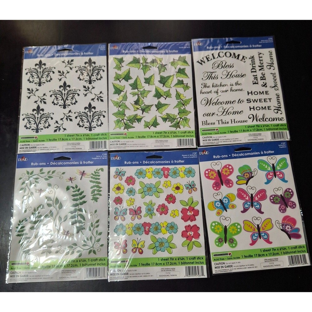 Vintage Plaid Rub-On Transfers Craft Lot of 6 Sheets Floral Butterflies Ivy Home